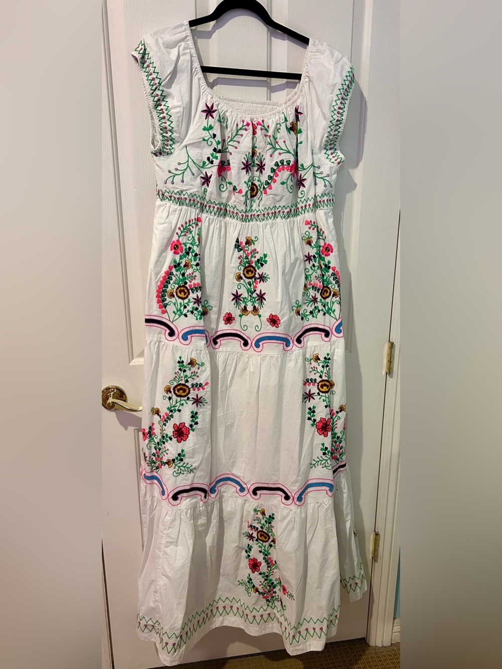 NWT Anthropologie White Maxi Dress with Pink, Green & Yellow Floral Embroidery